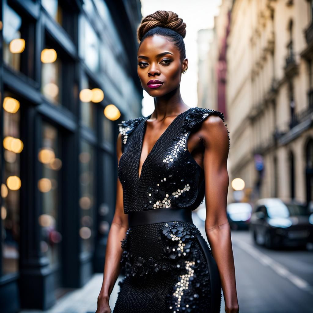 Beautiful Black Woman in Designer Dress: Fashion Photography