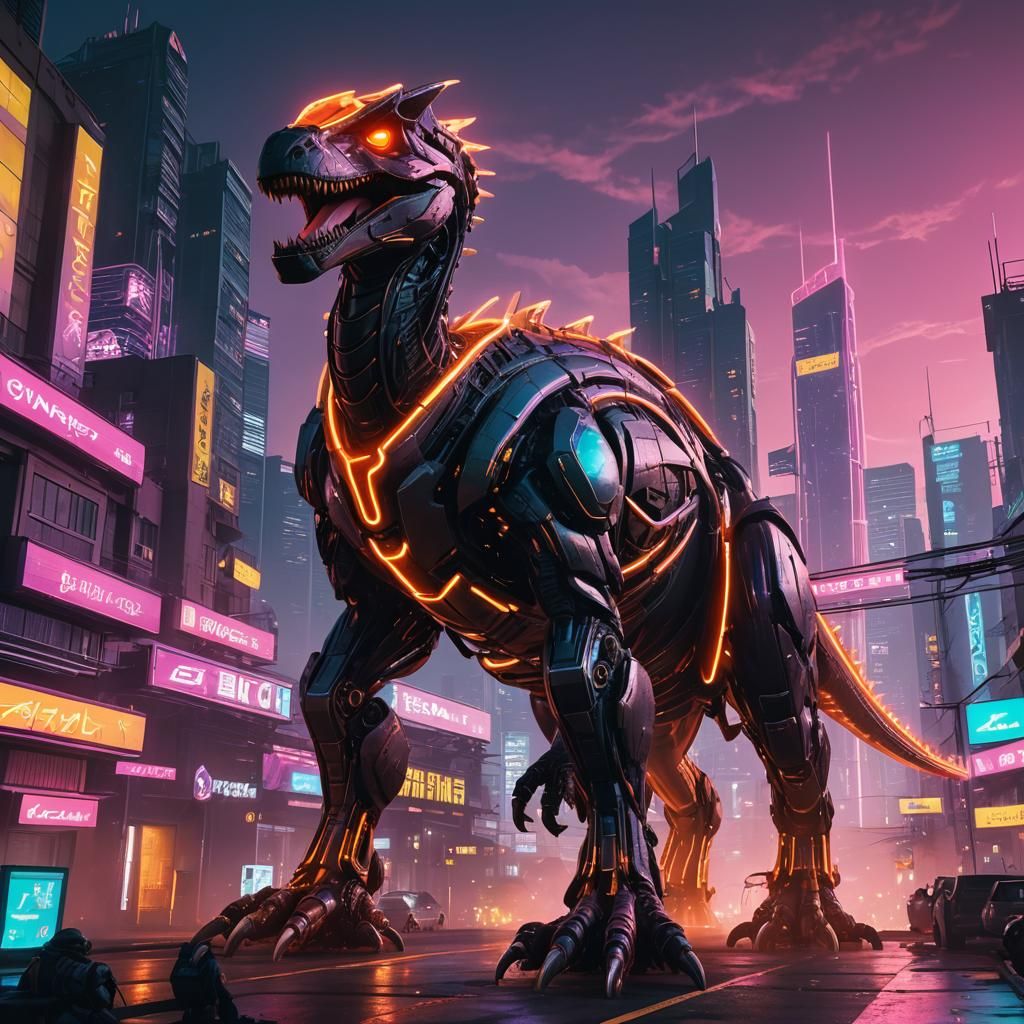 Cyberpunk Dinosaur Guardian in Neon Cityscape