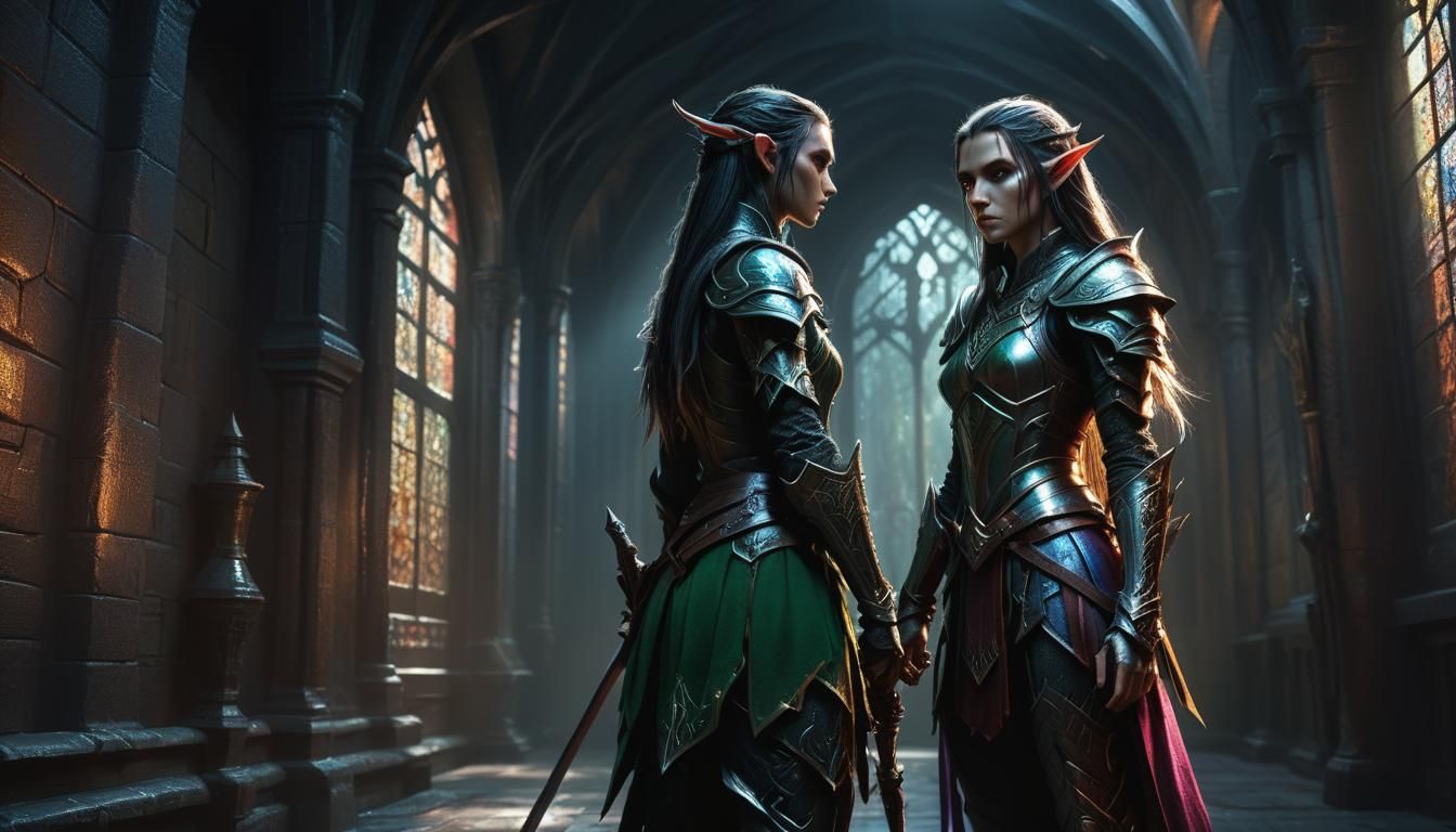 Elf Assassin in Dark Hall: Hyperrealistic Fantasy Art