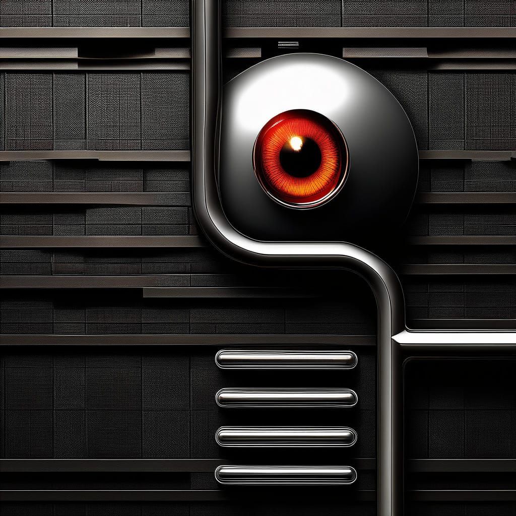 Stainless Steel Cyborg Eye with Red Biological Iris in Photo...