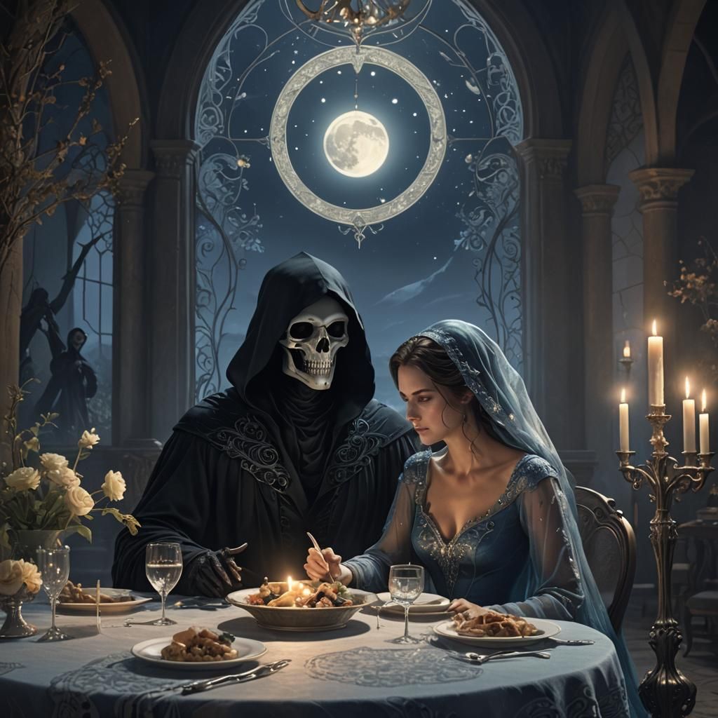 Grim Reaper and Wife at Lunar Dinner in Fantasy Art