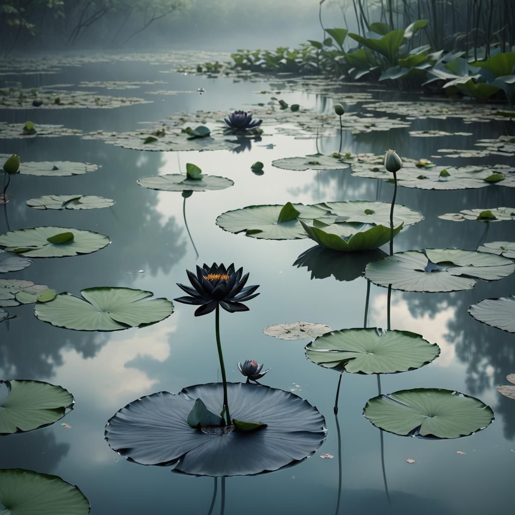Black Lotus Blooms on Tranquil Pond in Matte Painting