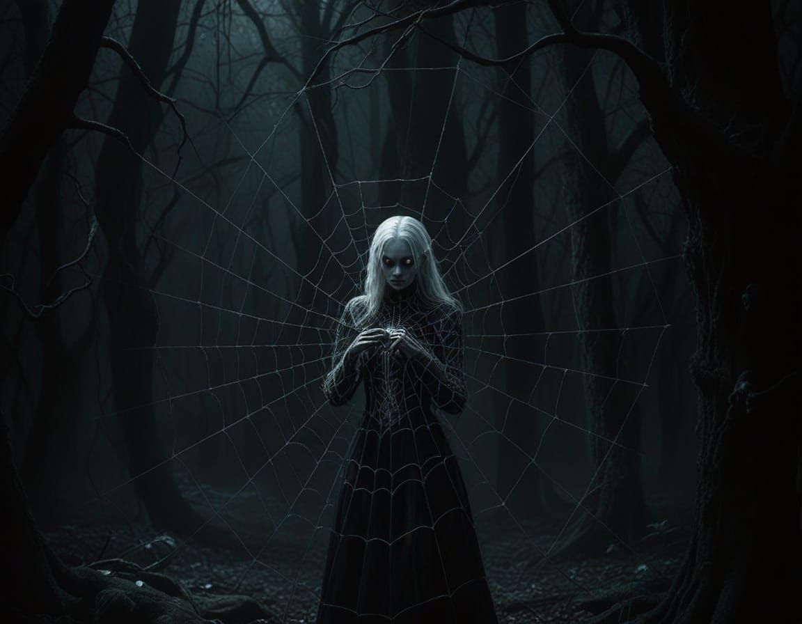 Dark Elf Woman Knitting Spider Web in Eerie Forest