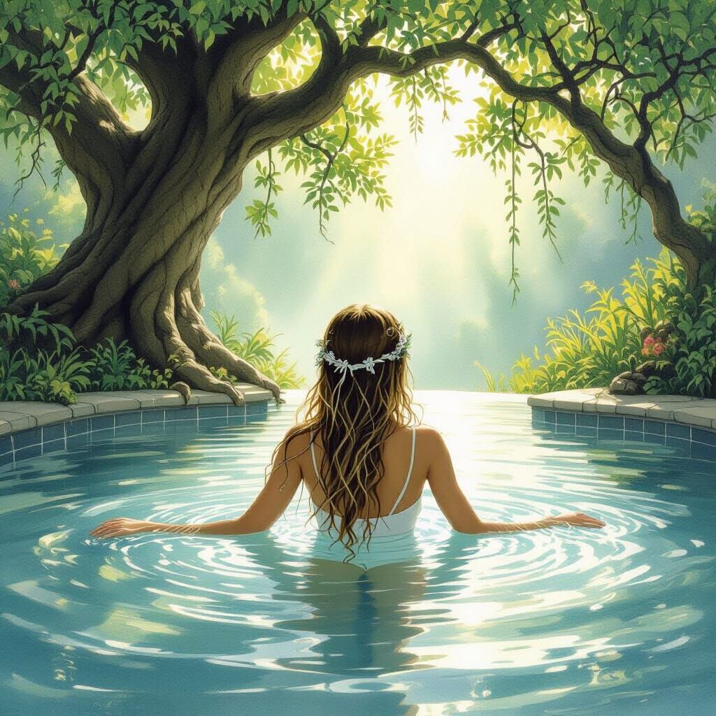 Girl Swimming Under Ethereal Glow, Fantasy Art