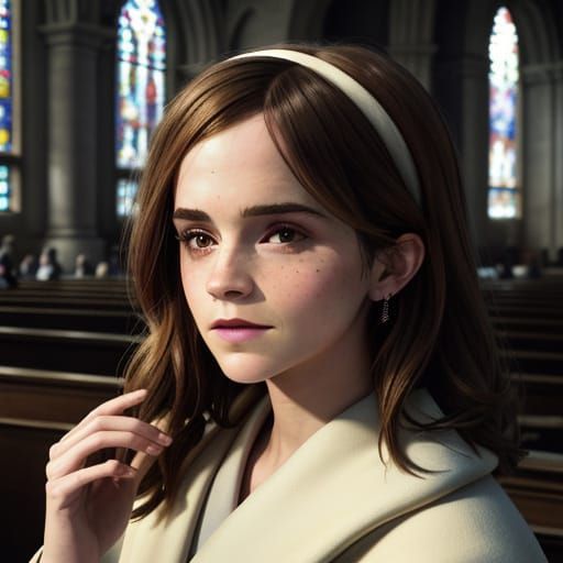 Emma Watson in Church: A Cinematic Film Still