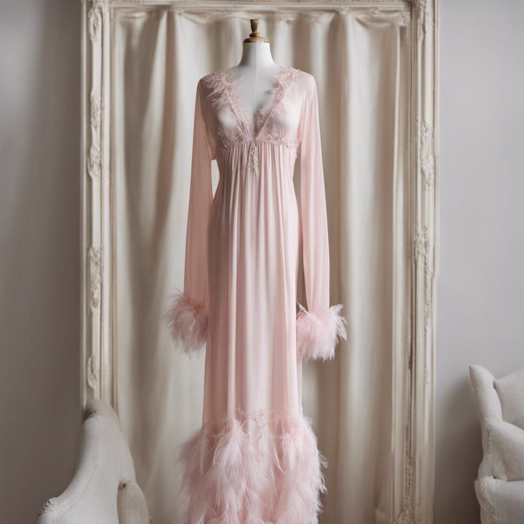 Pale Pink Sheer Nightgown with Feathers on Dress Form