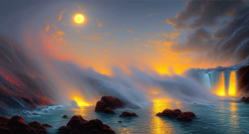 Hyperrealistic Lavafall Seascape in Moonlight