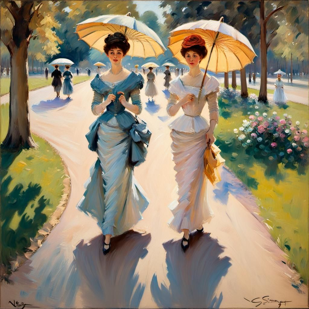Elegant Ladies with Parasols in Neo-Impressionist Style