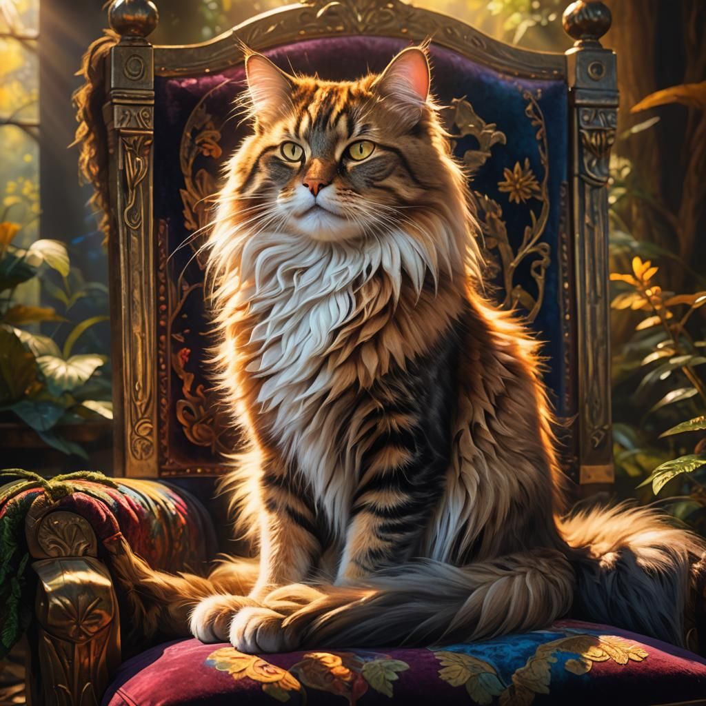Long-Haired Cat Sleeping in Sunbeam: Fantasy Art