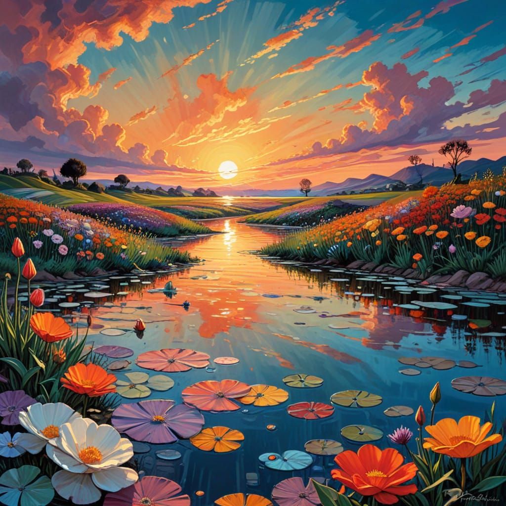 Surreal Sunset Landscape in Metallic Hues