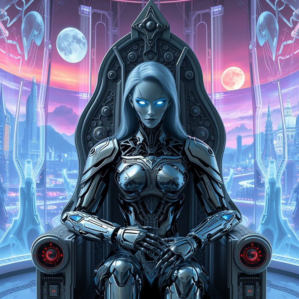 Regal Robot Queen on Circuit Throne, in Futuristic Style