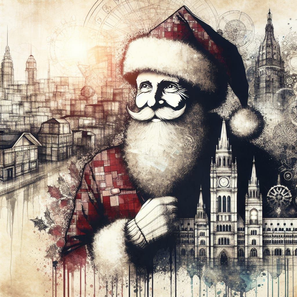 Vintage Santa Claus in Steampunk Cityscape