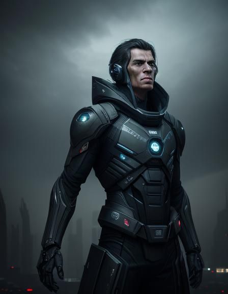 Futuristic Human Gazing Skyward in Sci-Fi Cityscape