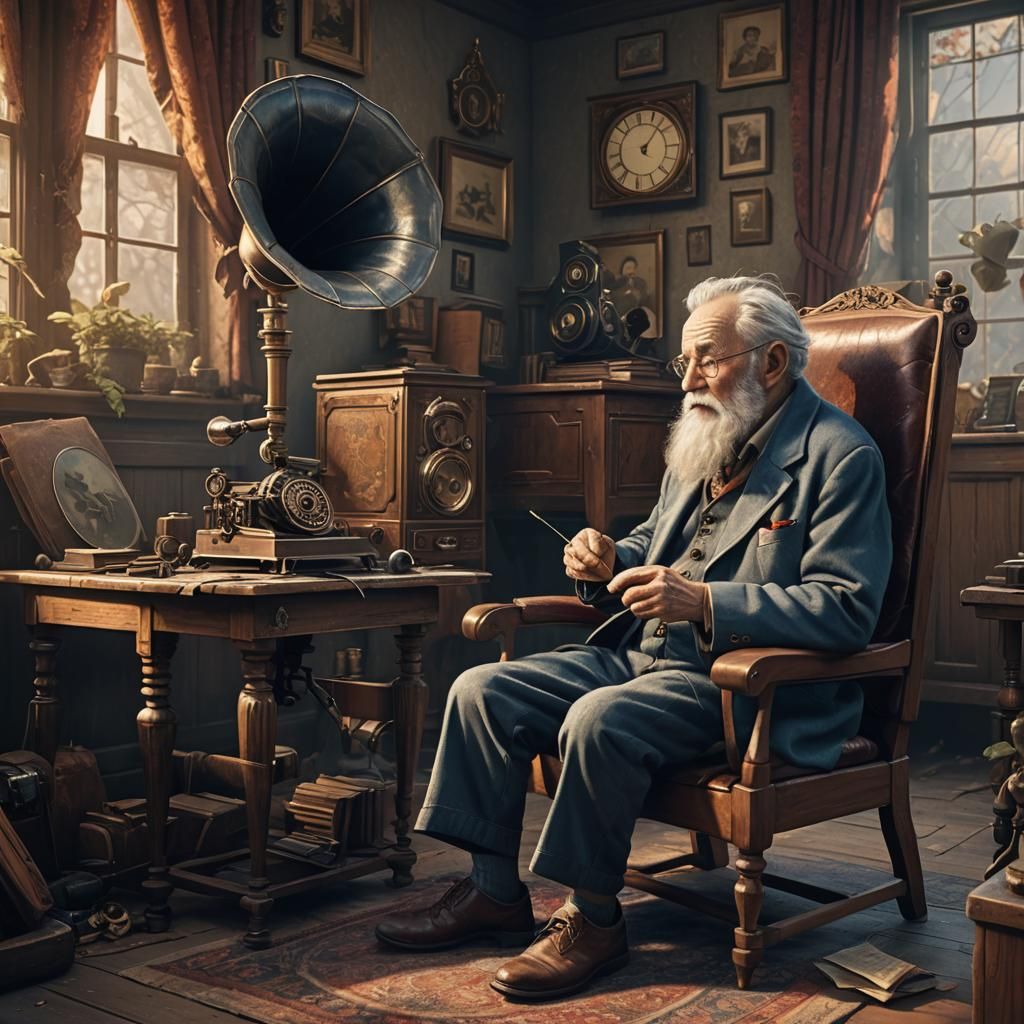 Nostalgic Old Man Listening to Gramophone Music