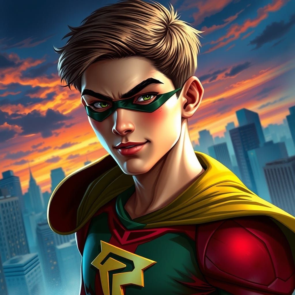 Hyperrealistic Teen Titan Robin in Modernized Red and Green...
