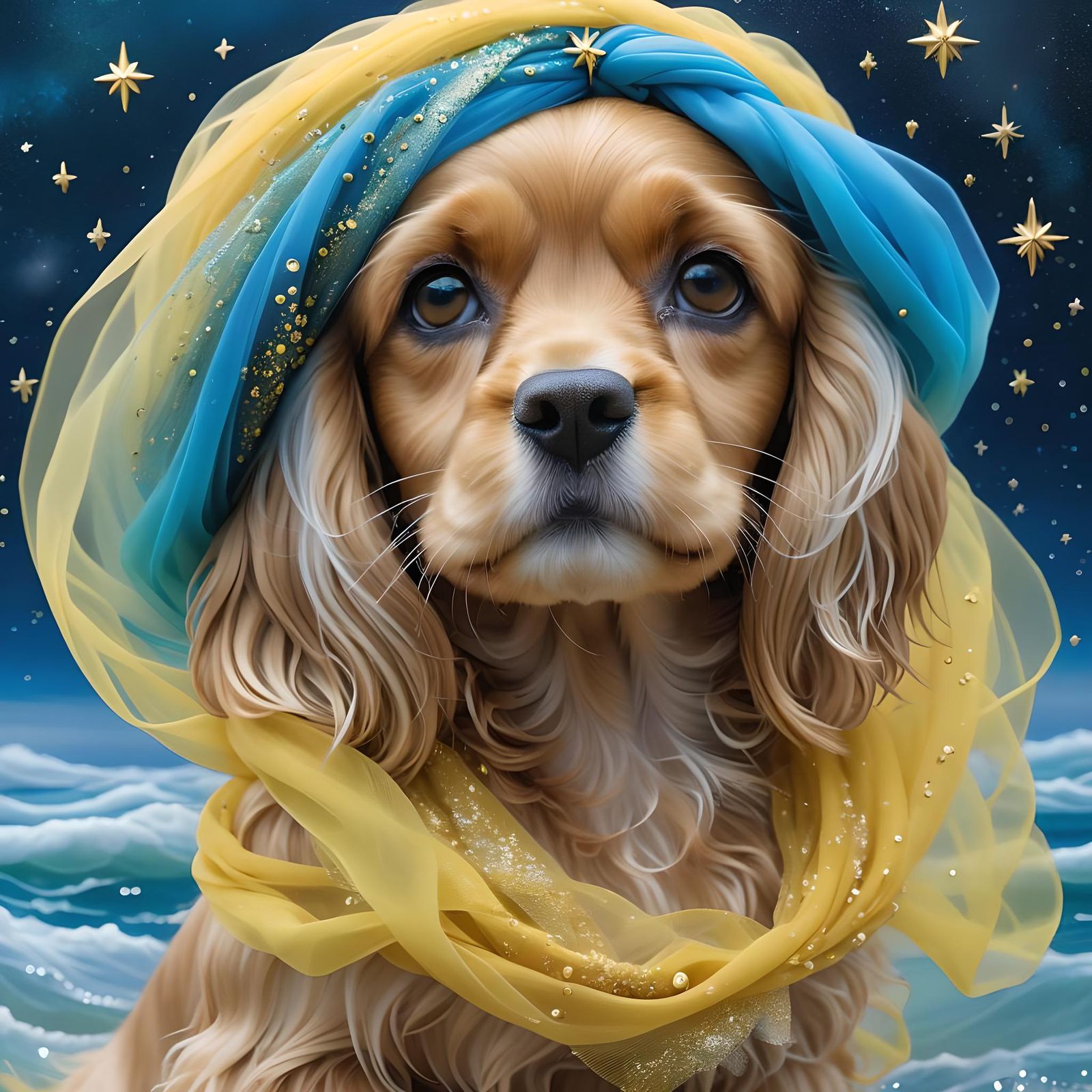 Tulle Piezoelectric Seascape with Puppy in Gothic Setting