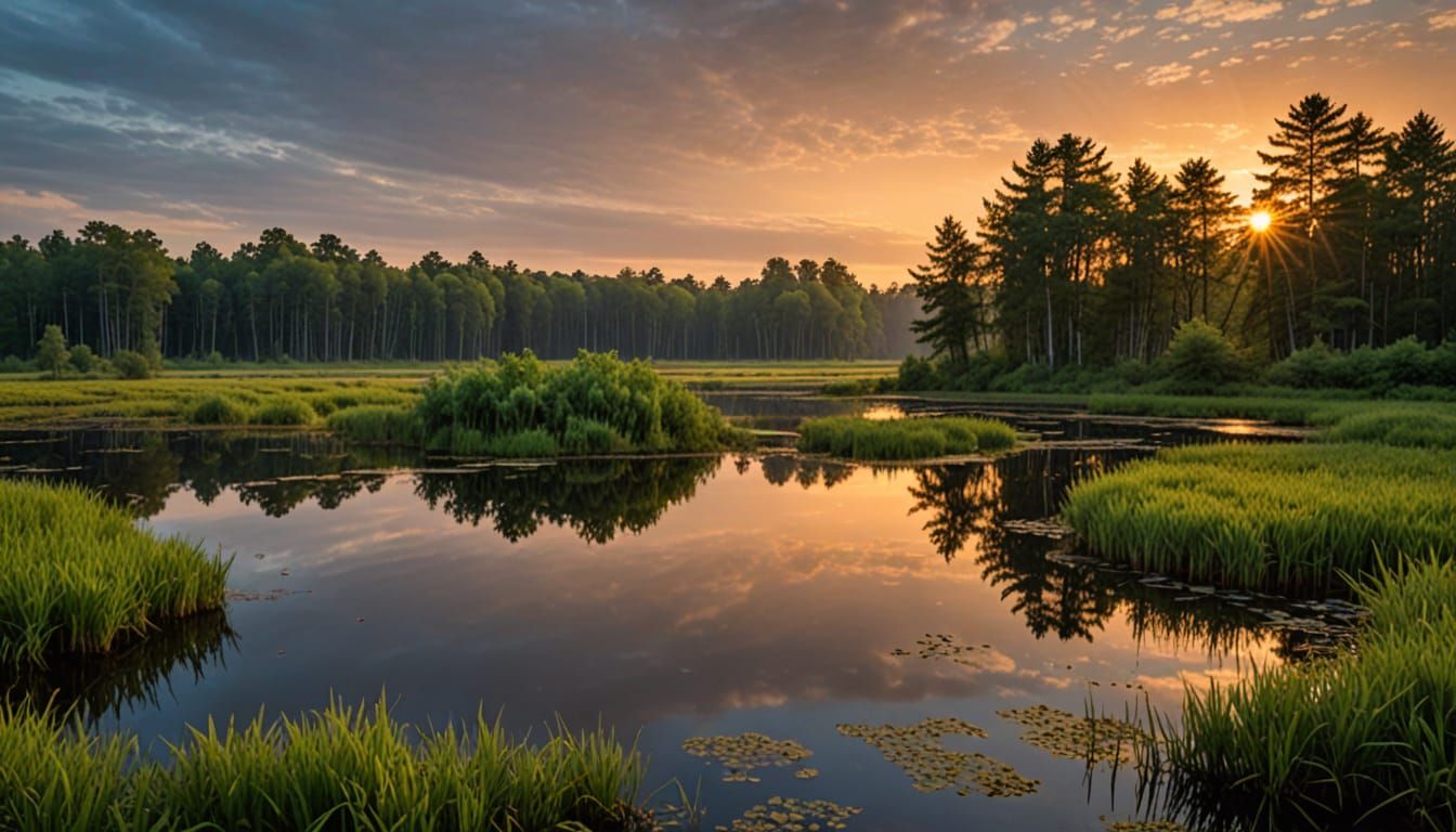Serene Marshland Sunset with Birch Groves and Ducks