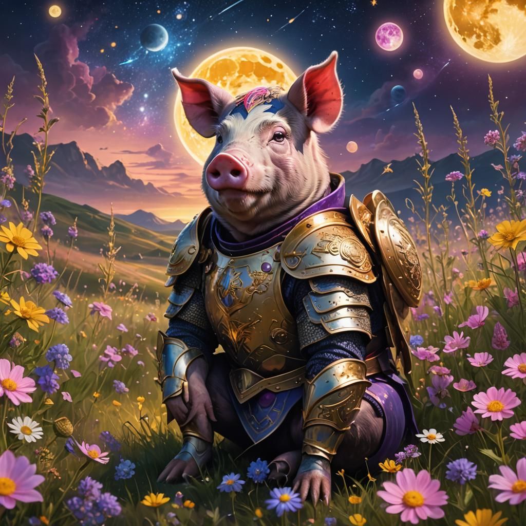 Armored Warrior Pig in Cosmic Flower Field