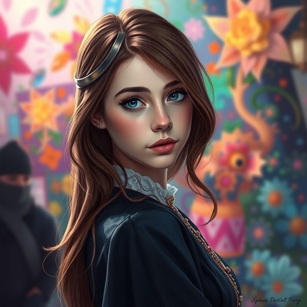 Elegant Brown-Haired Girl in Hyperrealistic Style