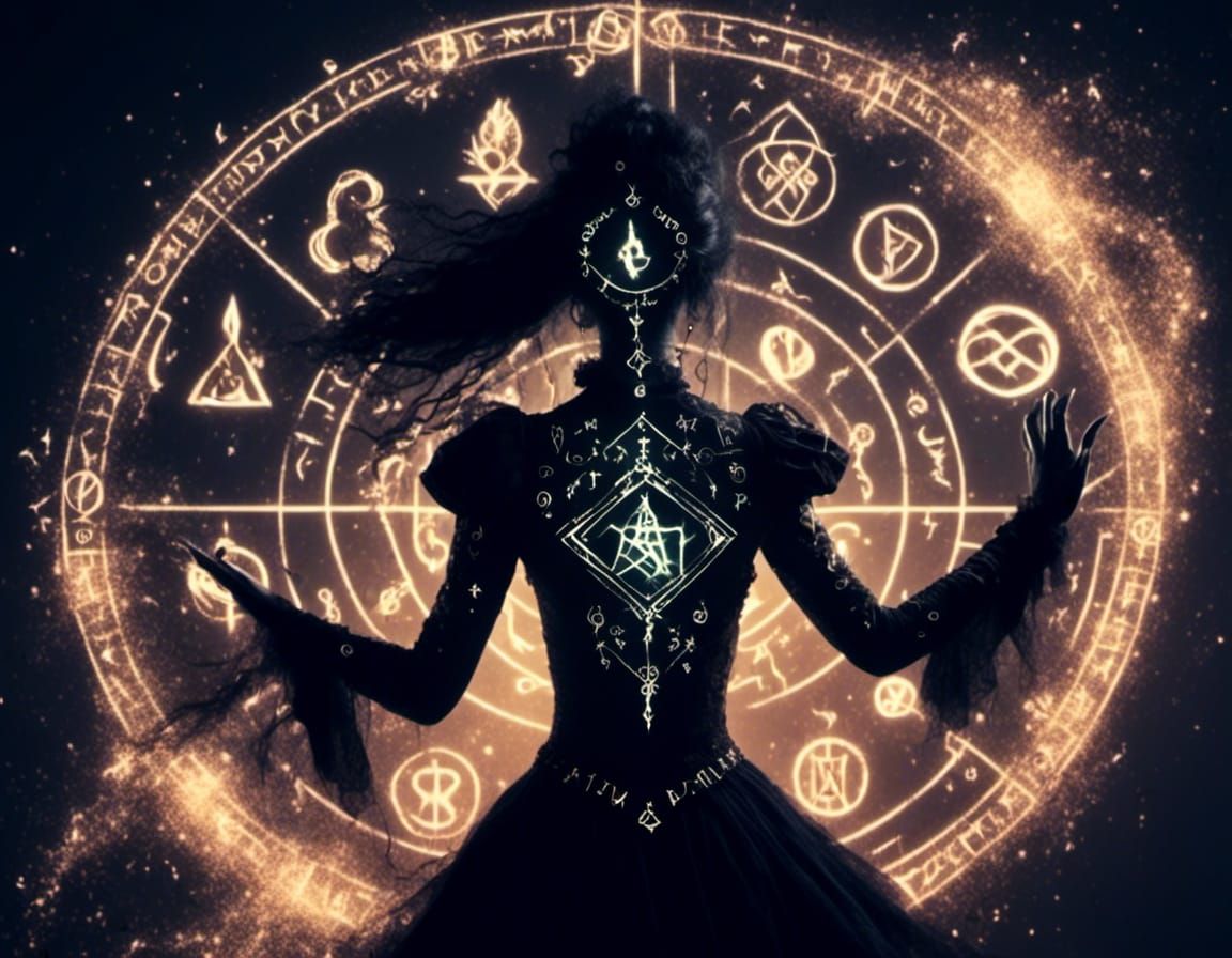 witch casting glowing magic symbols