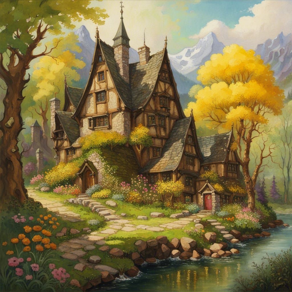 High Gothic Fairytale Town in Springtime Forest