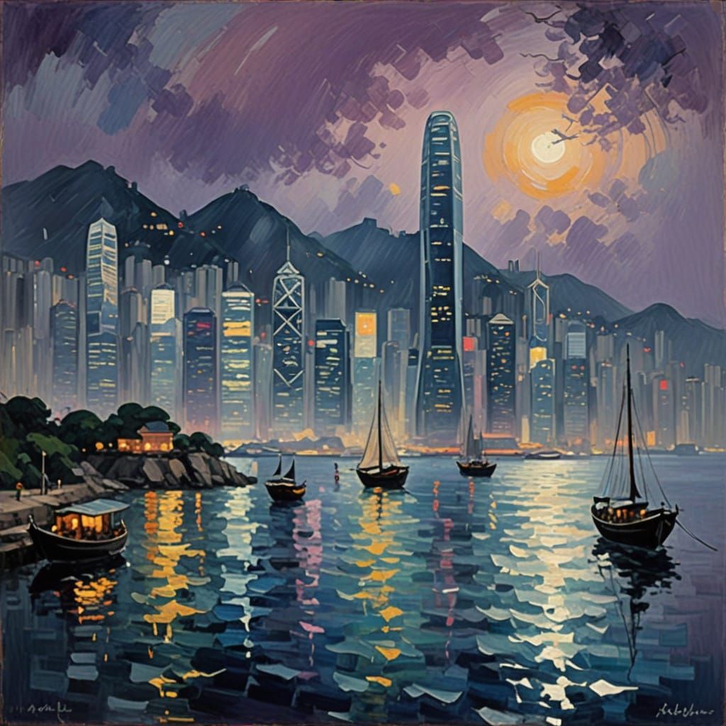Dreamy Hong Kong Nightscape in Impressionist Style