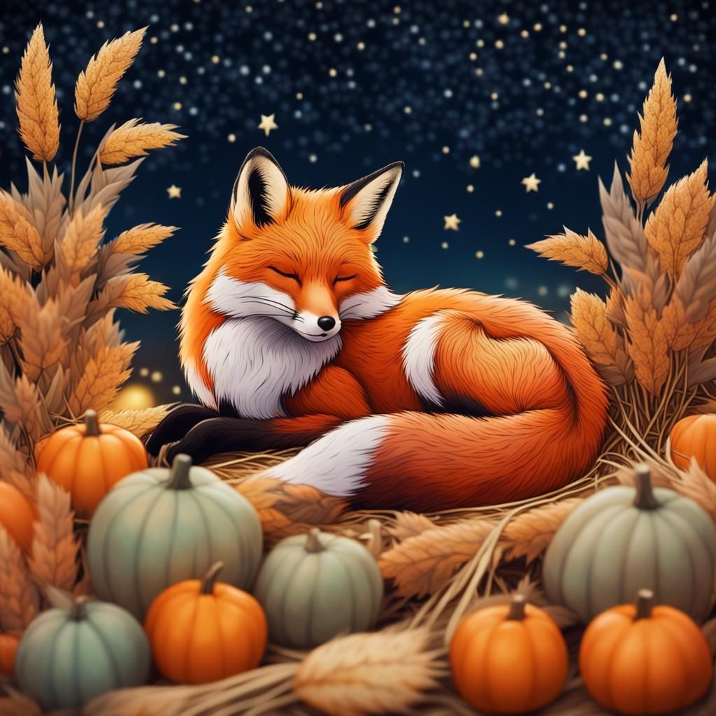 Fox Sleeping Under Starry Autumn Sky in Manhwa Style
