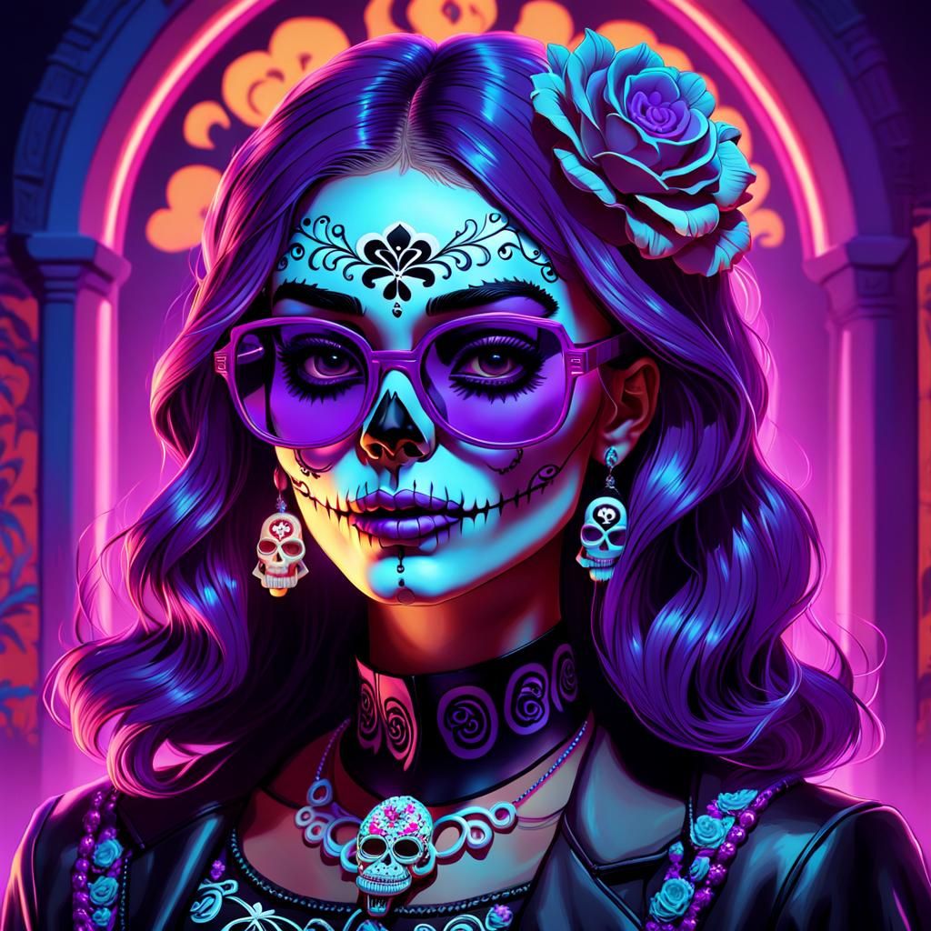 Synthwave Catrina with Sugar Skull and Neon Glasses