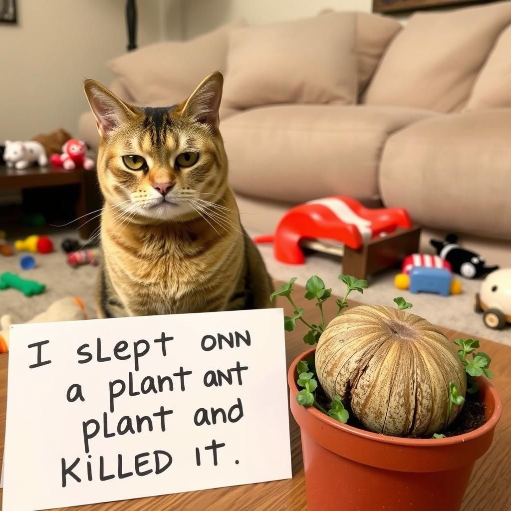 Funny Cat Shaming Scene: Plant's Demise