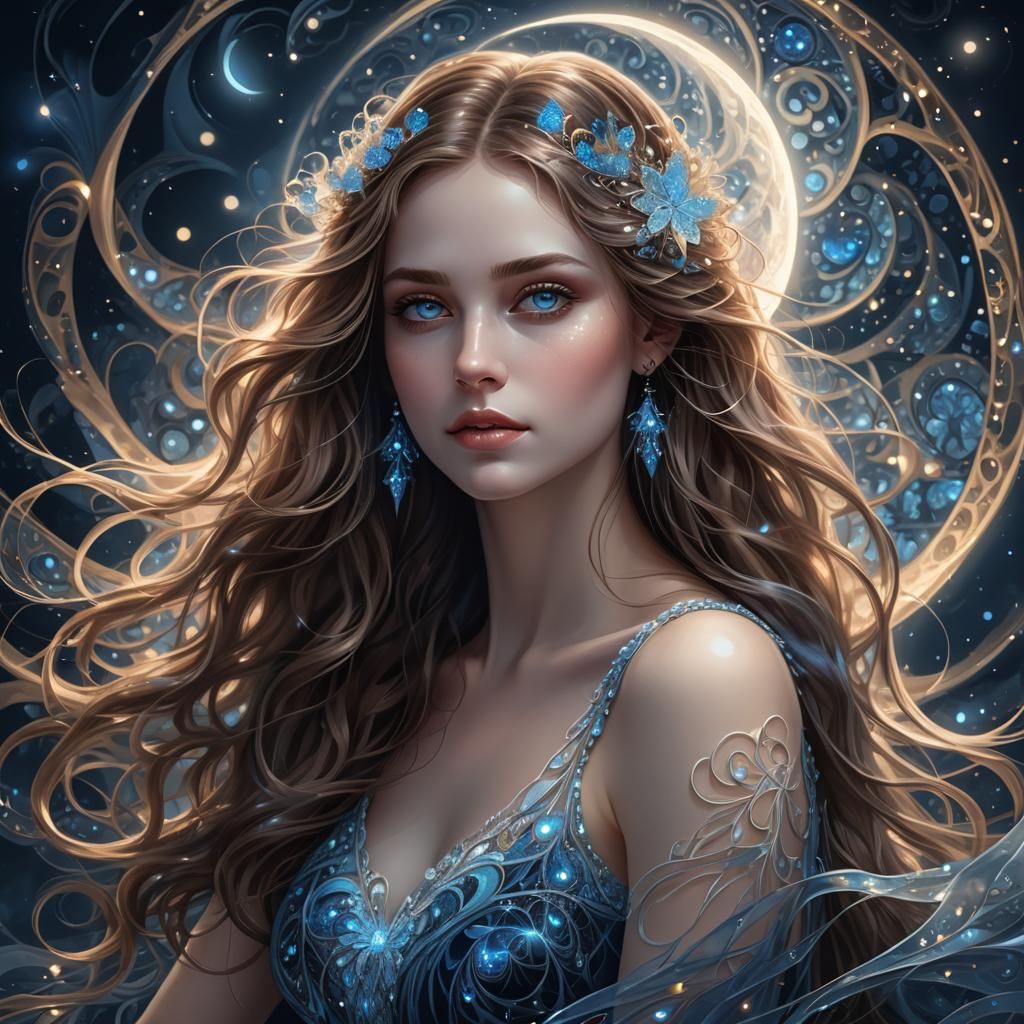 Heartbroken Girl in Moonlit Fractal Vector Art