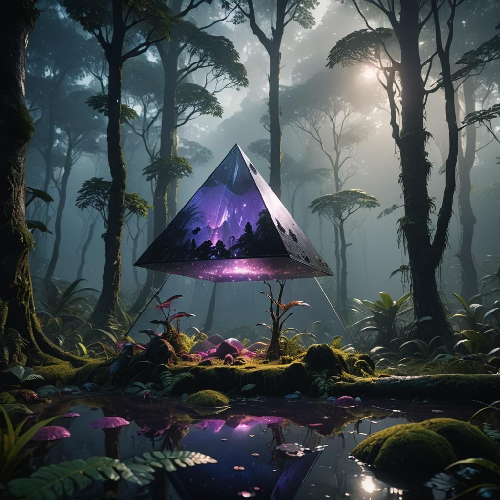 Reflective Pyramid Floating in Misty Rainforest