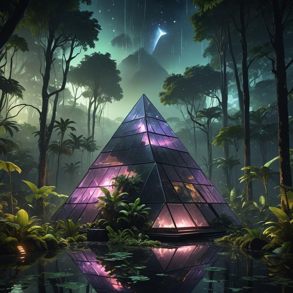Reflective Pyramid in Magic Rainforest, Digital Art