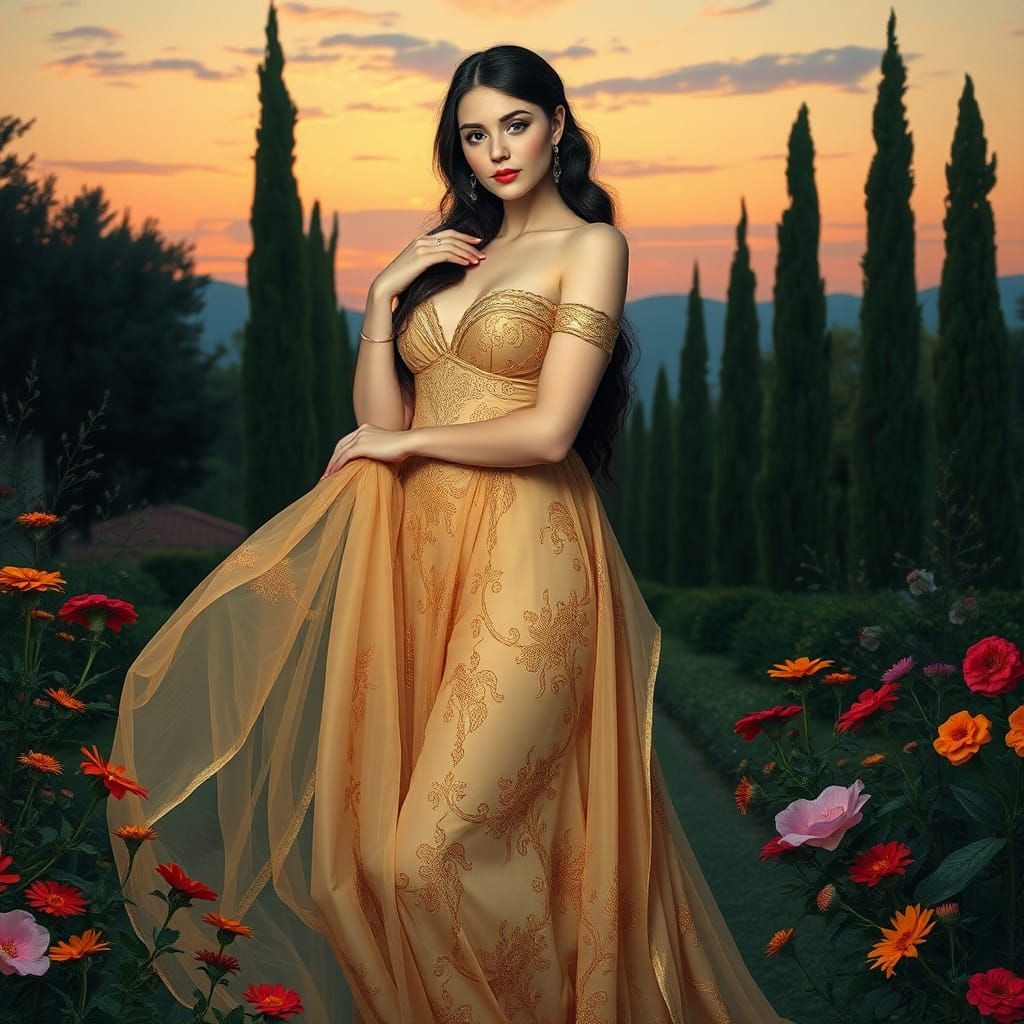 Elegant Woman in Italian Garden, Art Nouveau Style