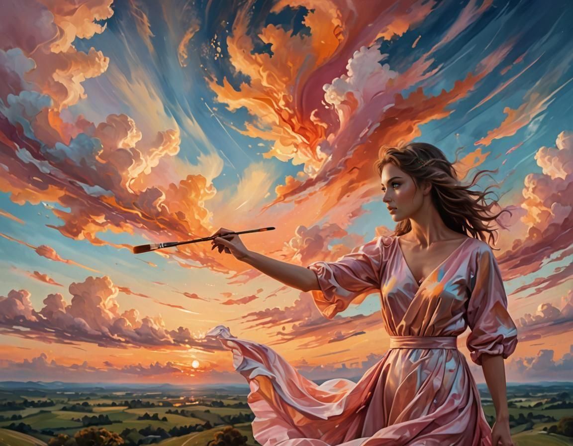 Woman Paints Sunset Sky in Digital Art Style