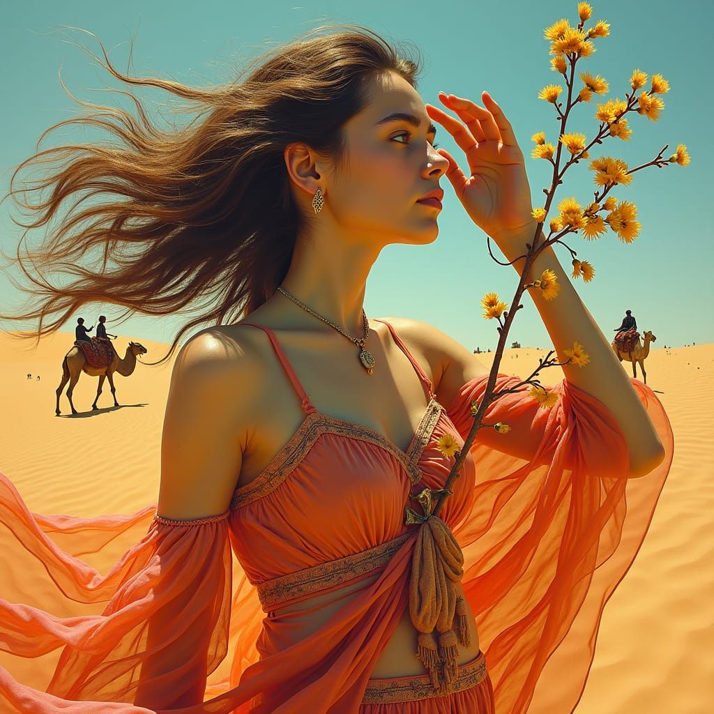 Surreal Desert Dreamscape with Woman and Camels