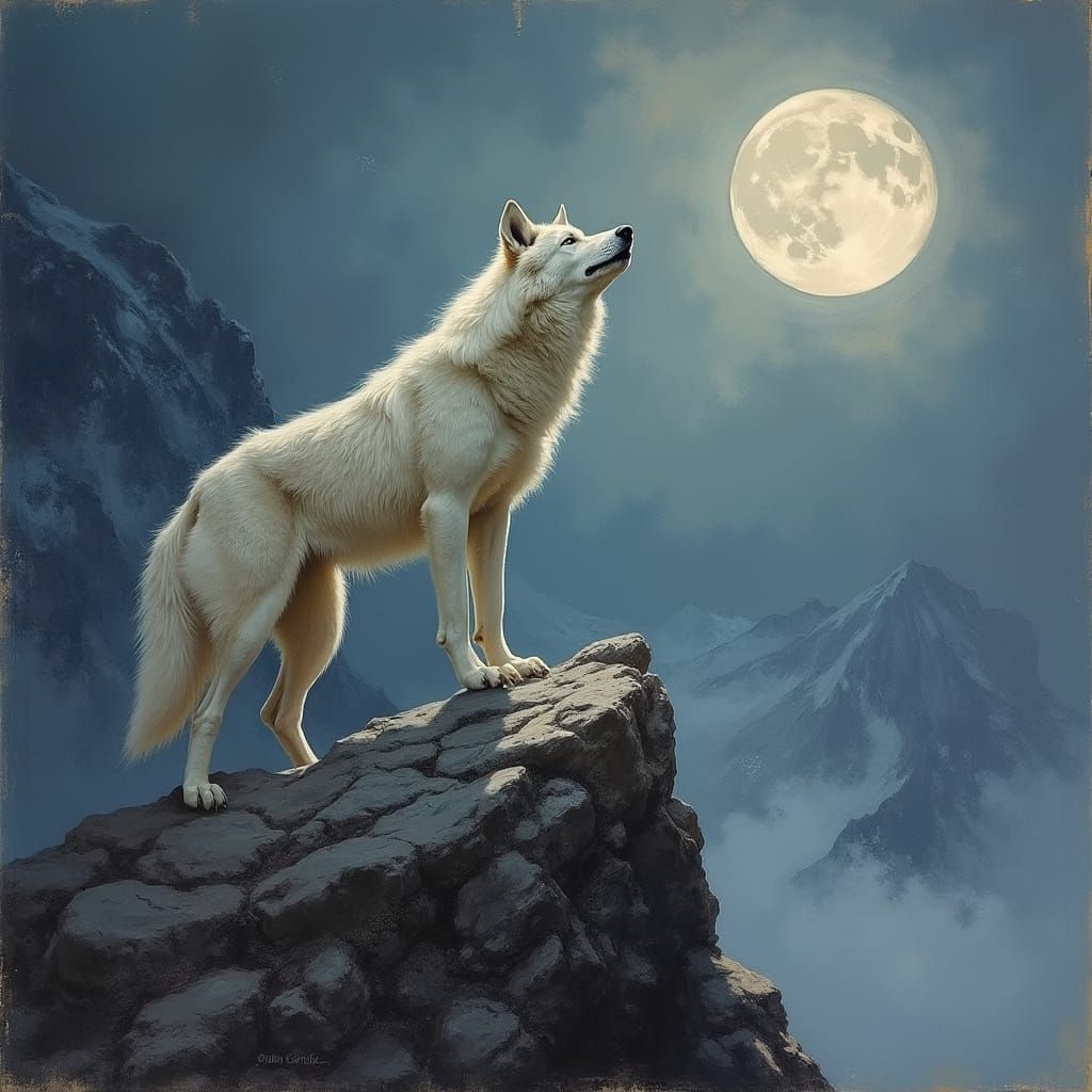 White Wolf Howling at Moon as Oil Painting