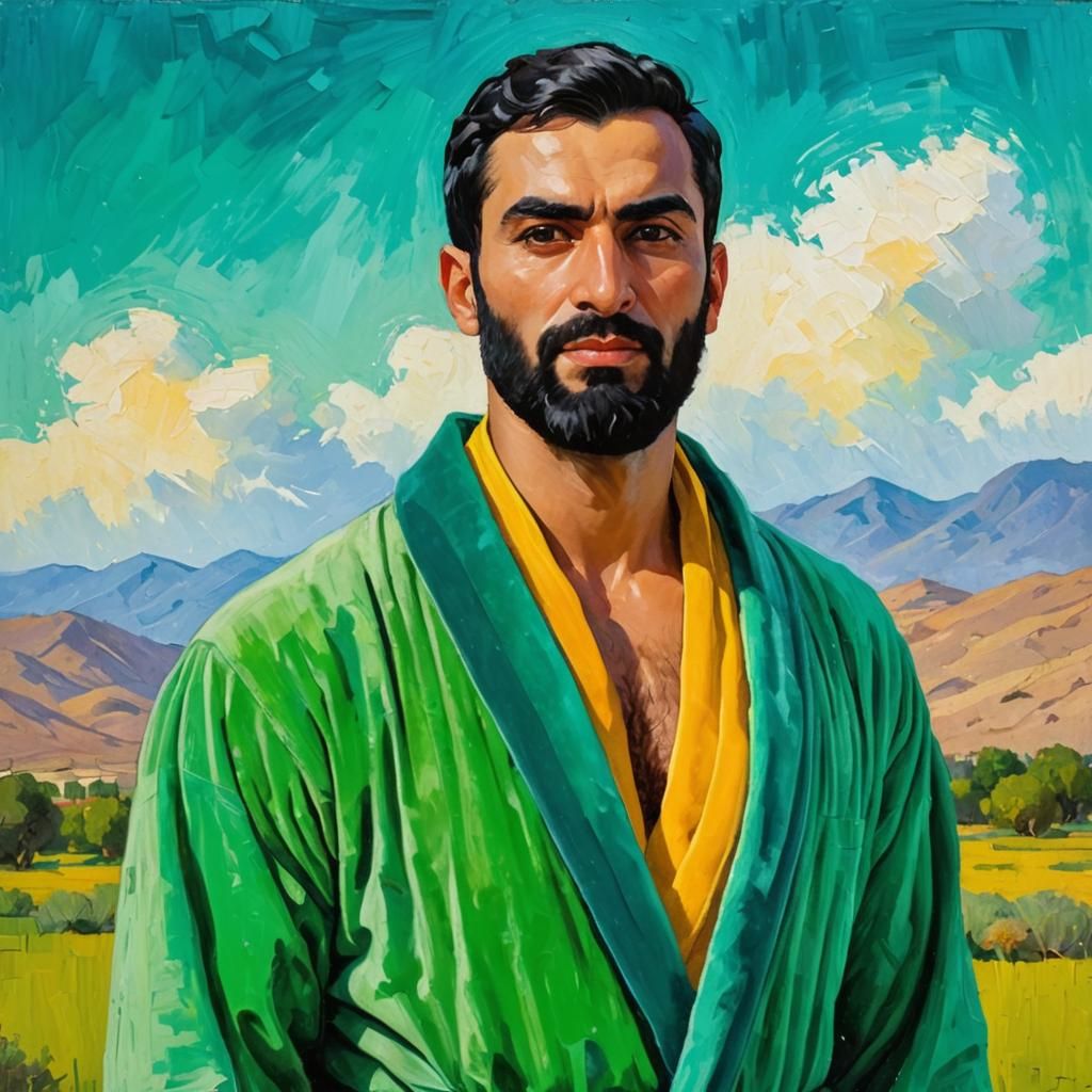 Iranian Man in Velvet Robes, Impasto Oil Painting