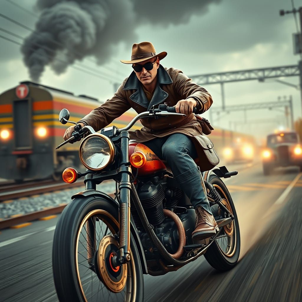 1930s Motorcycle Police Chase in Cyberpunk Style