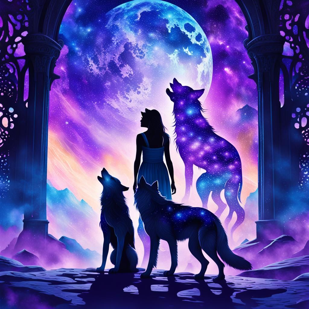 Woman and Wolf Silhouette in Cyberpunk Style