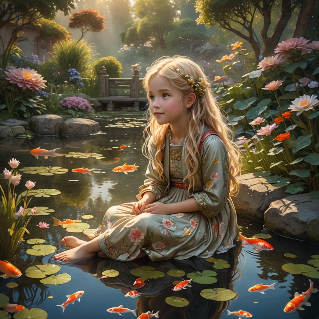 Girl and Koi Pond in Art Nouveau Style