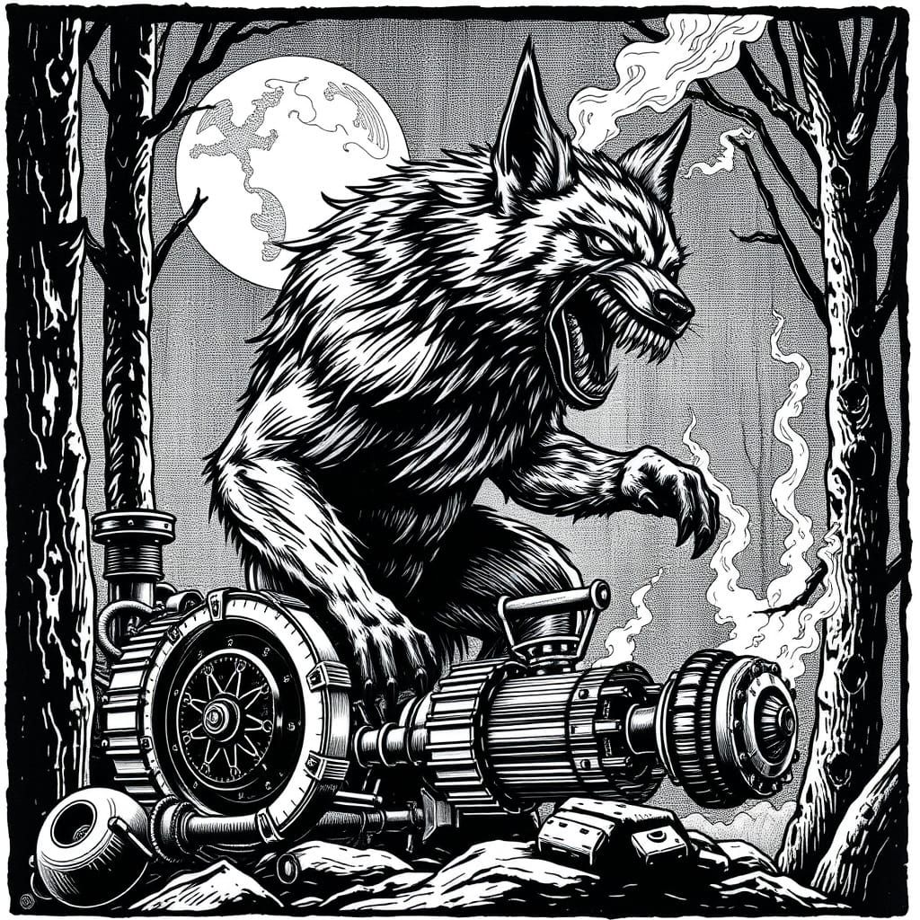 Mysterious 15th Century Werewolf Engraving in Steampunk Styl...