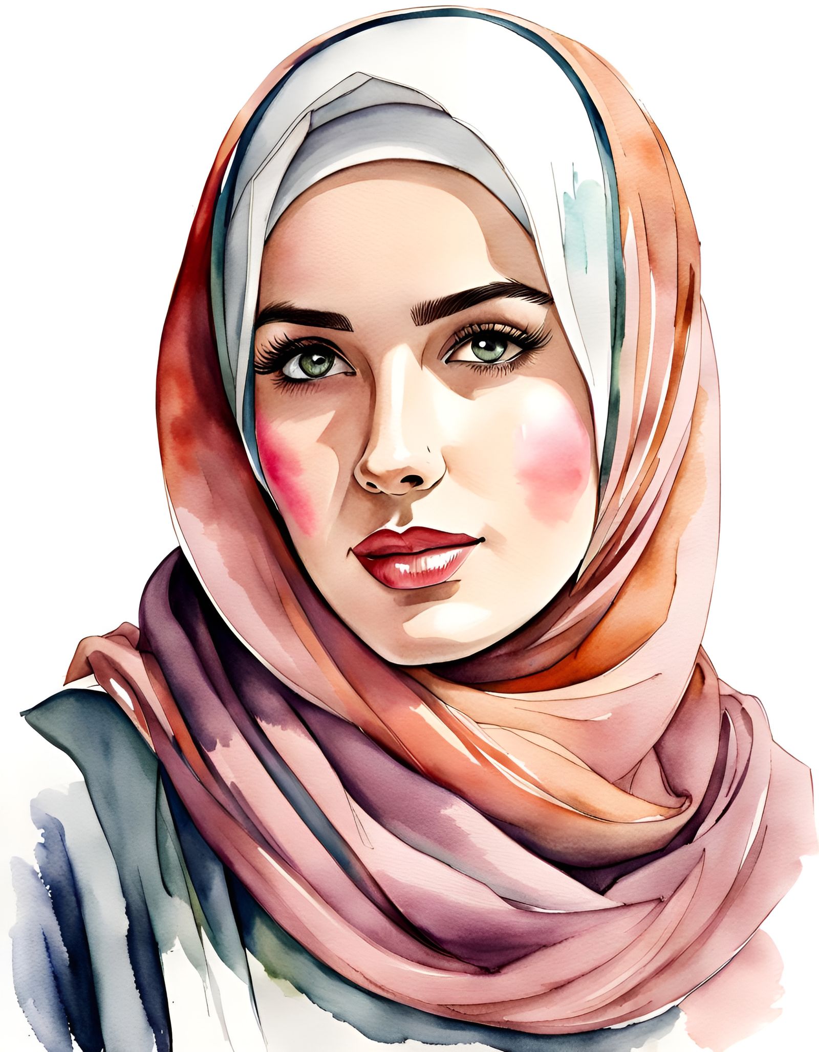 Woman in Hijab: Watercolor and Ink Drawing