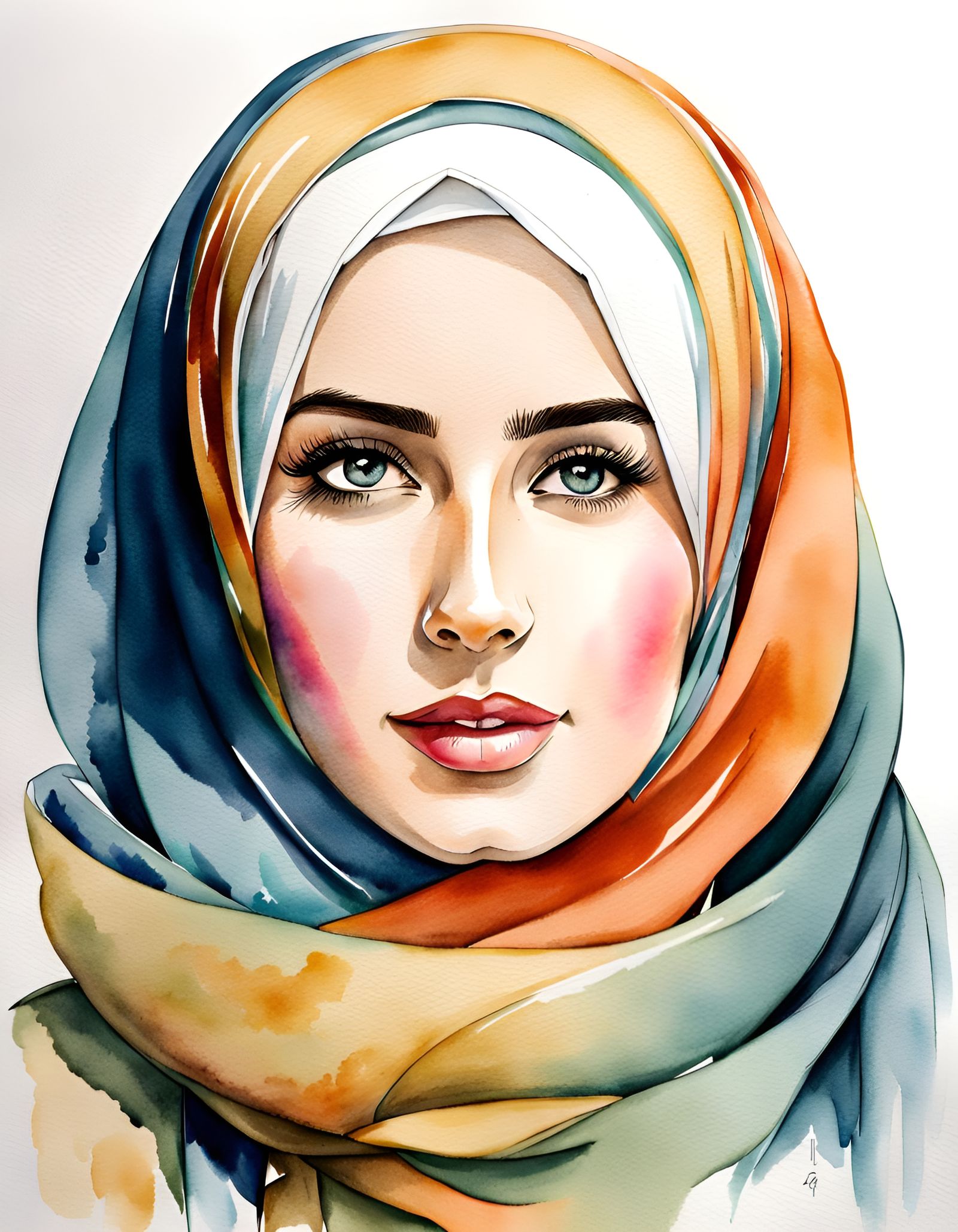 Woman in Hijab: Intricate Watercolor and Ink Drawing