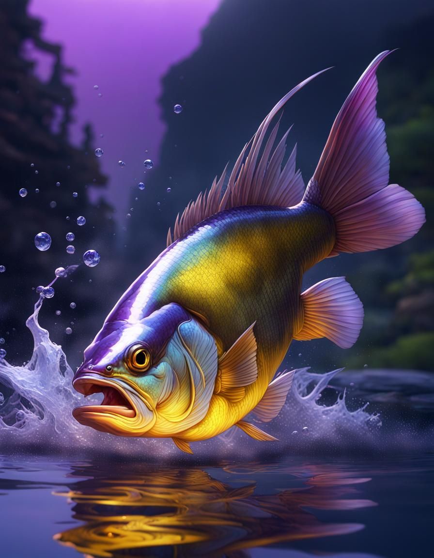 Perch Leaping from Water: Dark Fantasy Art