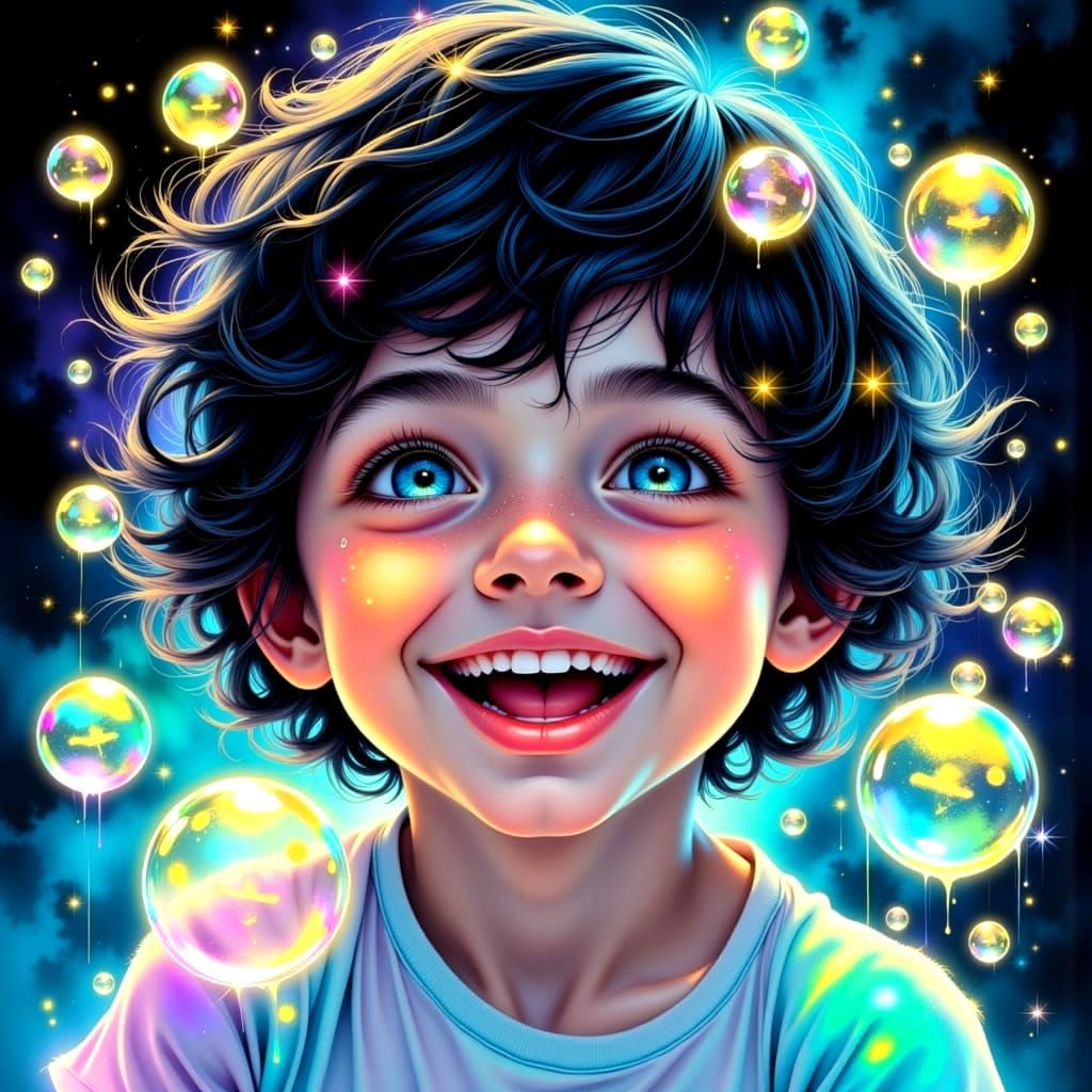Whimsical Boy Surrounded by Soap Bubbles in a Soft Golden Li...