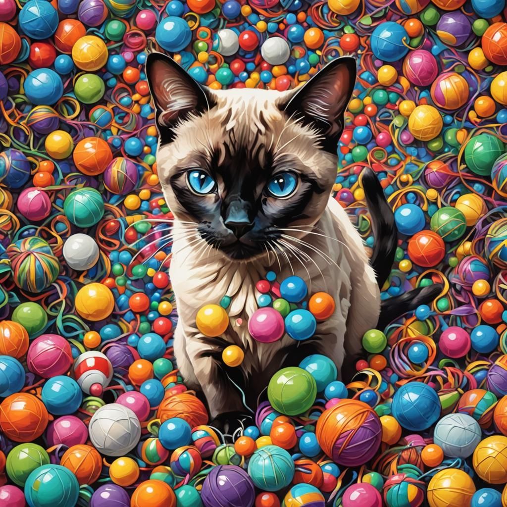 Cartoon Siamese Cat Playing, Graffiti Art Style