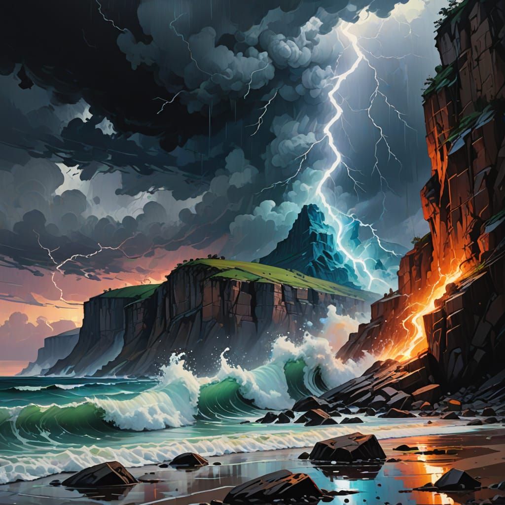Electric Storm Paints Cliff in Flickering Light