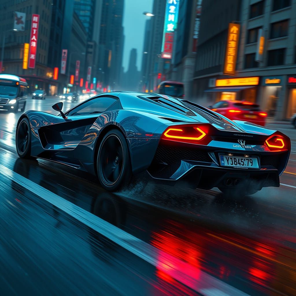 Hyper-Realistic Sports Car Speeds Down Neon City Road