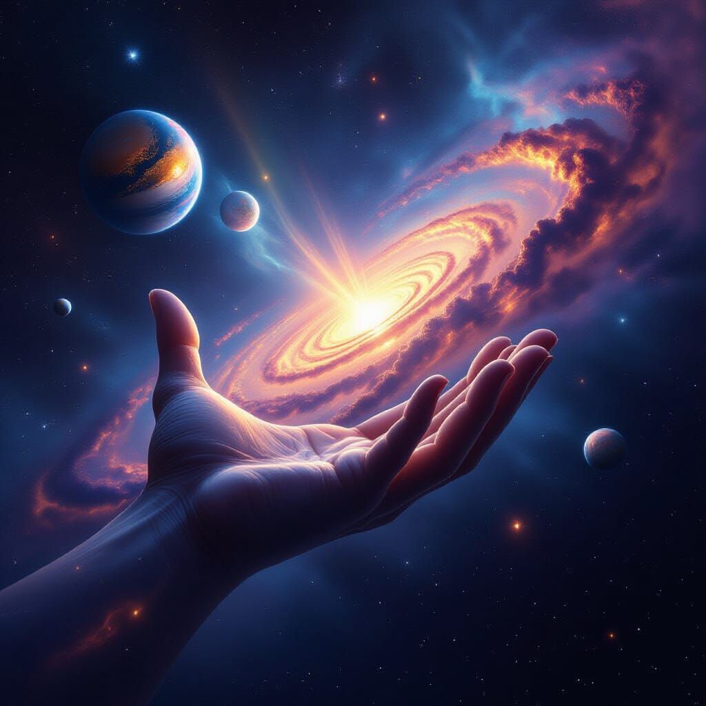 Divine Hand Cradling Galaxy in Cosmic Darkness