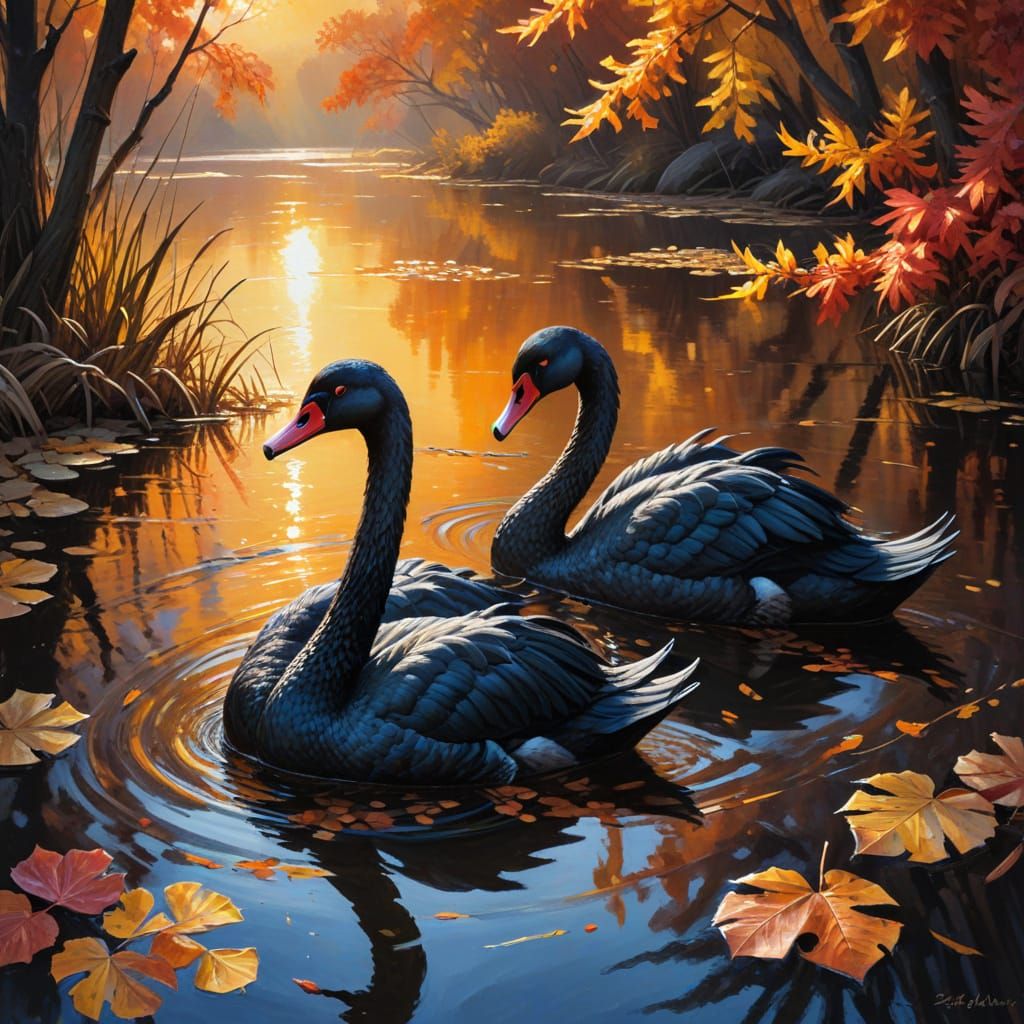 Black Swans in Autumn Sunset